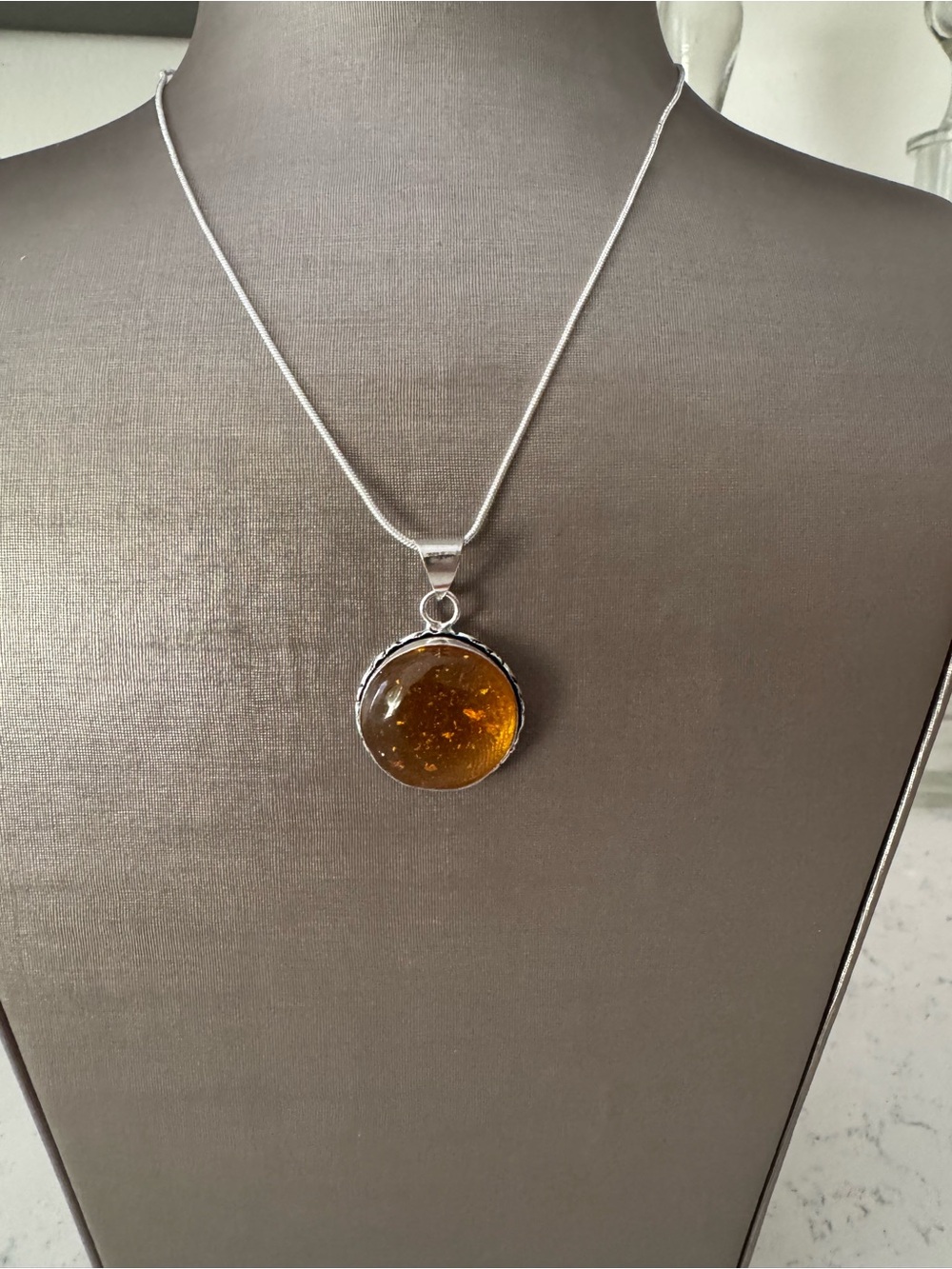 Sterling Silver Amber Pendant Necklace - Brown Amber
